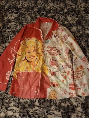 Graphic Dolly Print Button-Up Pajama Long Sleeve Shirt- Women's